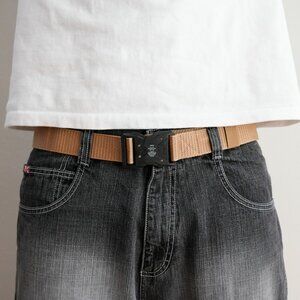 y2k tactical buckle Tan canvas belt — techwear street style